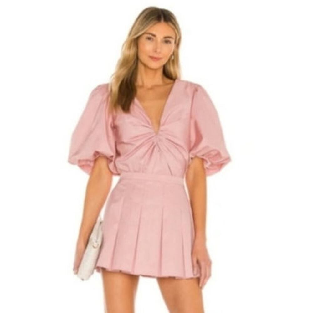 Amanda Uprichard Blush Pink Puff Sleeve V-Neck Top